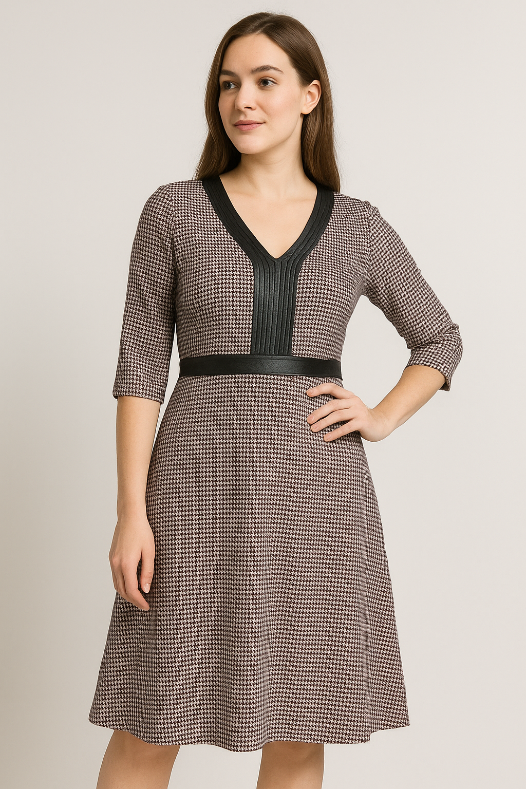 Vestido outono Pierre Cardin midi com manga estampa e detalhe em courino 